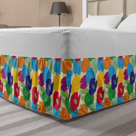 Floral Bed Skirt, Repetitive Colorful Hand Drawn Flowers Illustration, Elastic Bedskirt Dust Ruffle Wrap Around for Bedding Decor, 4 Sizes, Multicolor, by Ambesonne