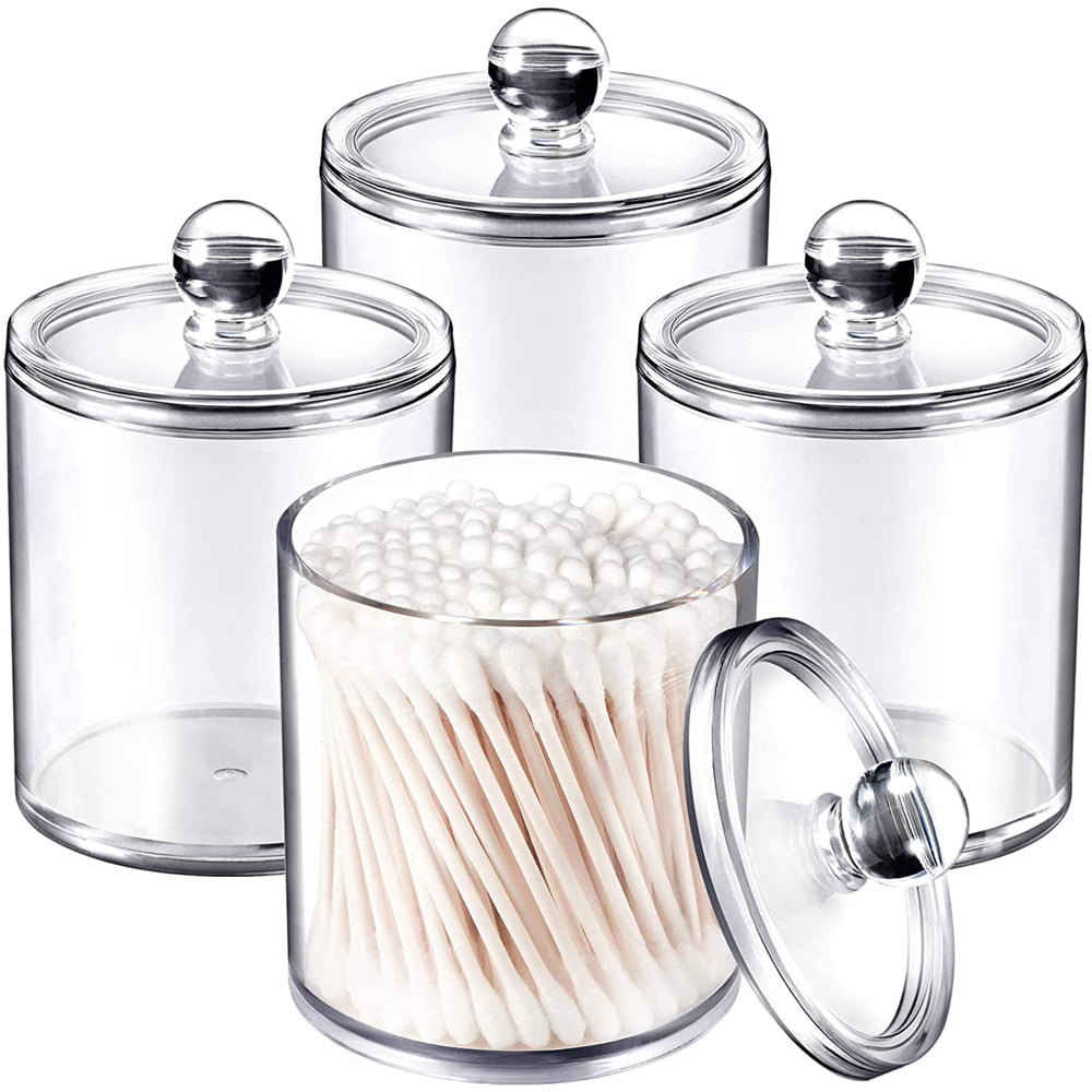 Plastic Acrylic Bathroom Vanity Countertop Canister Jars with Storage Lid Clear, 15 Oz Apothecary Jars Qtip Holder Makeup Organizer for Cotton Balls,Swabs,Pads,Bath salts 4 Pack of 15 Oz 