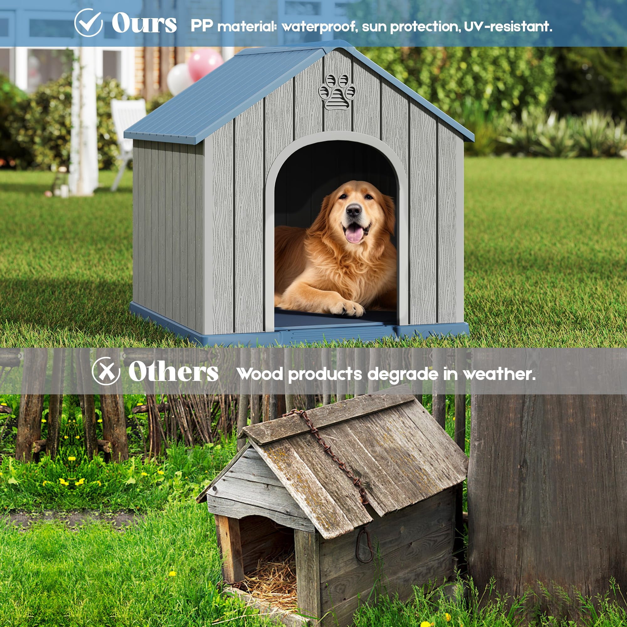 EasyUp Outdoor Waterproof Dog House,Resin Material,Puppy Shelter with Air Vents and Elevated Floor,Sturdy Dog Kennel for Small to Large Sized Dogs, Easy to Assemble (Blue, 38.62*36.26*38.07 Inches)