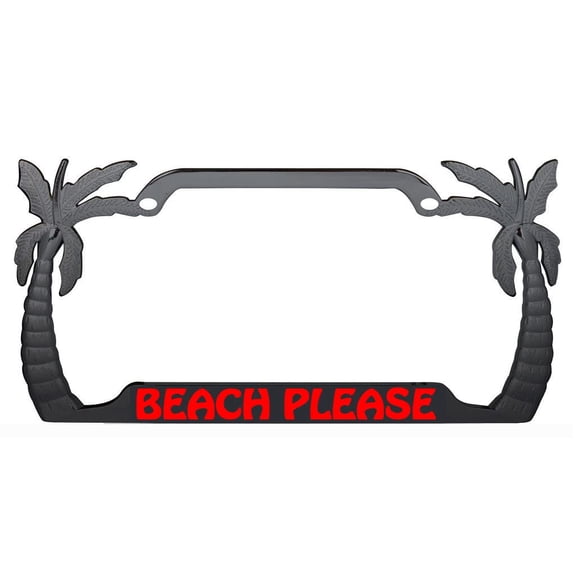 Beach Please Design Palm Tree Style Metal License Plate Frame Personalized/Car Accessories Car Tag Holder Cover (Black/Red)