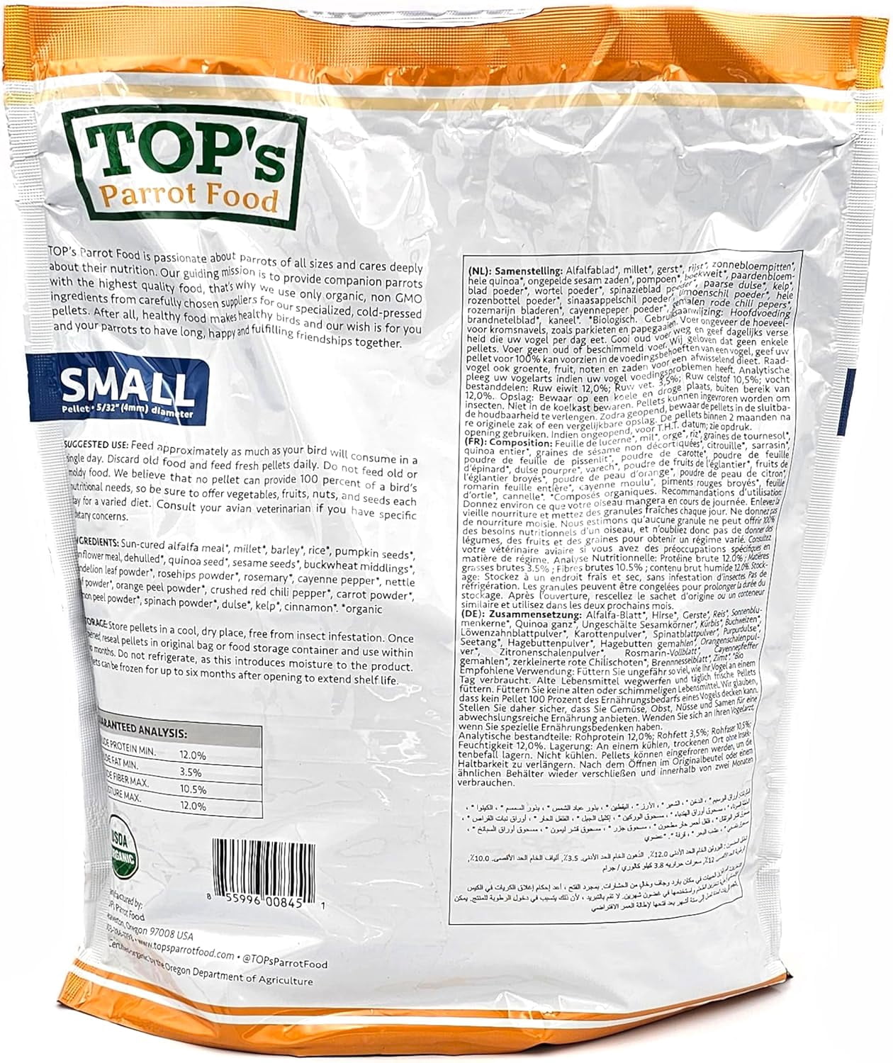 TOP's Parrot Food Small Pellets for Conures, Senegals, Caiques, Pionus, USDA Certified Organic, Human Grade, Non-GMO, Corn, Soy & Peanut Free, 4 lb