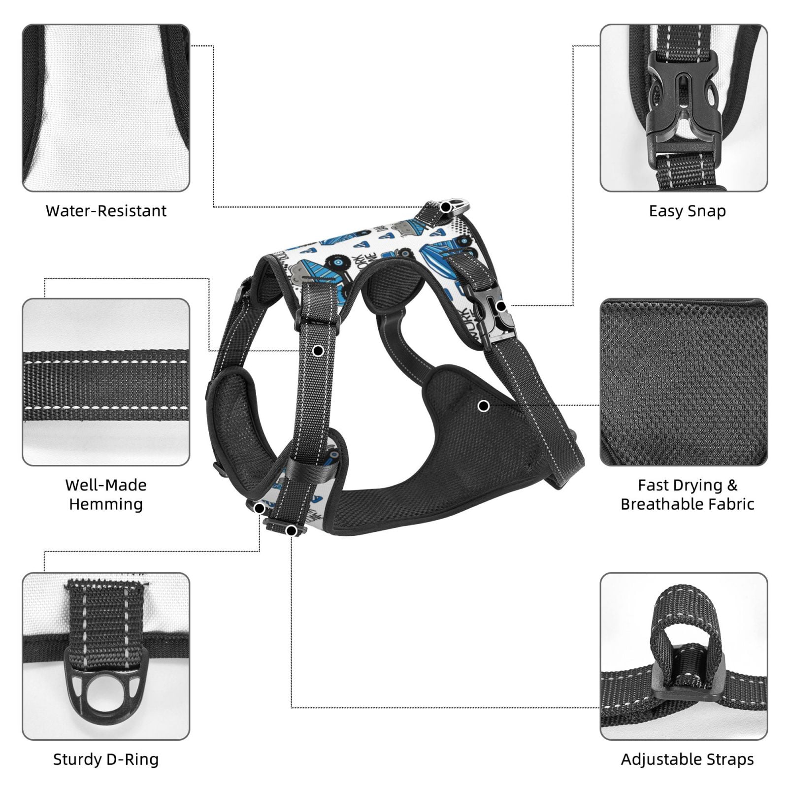 Kdxio Blue Excavator Print No Pull Dog Harness Adjustable Reflective Oxford Easy Control Medium Large Dog Harness for Training and Everyday-Large