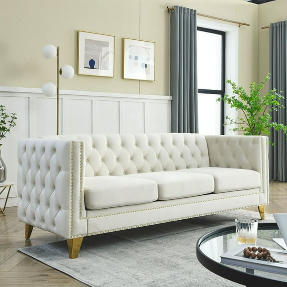 Newest Chesterfield Velvet Sofa, 3-Seater Tufted Couch with Nailhead Trim and Metal Legs, Beige