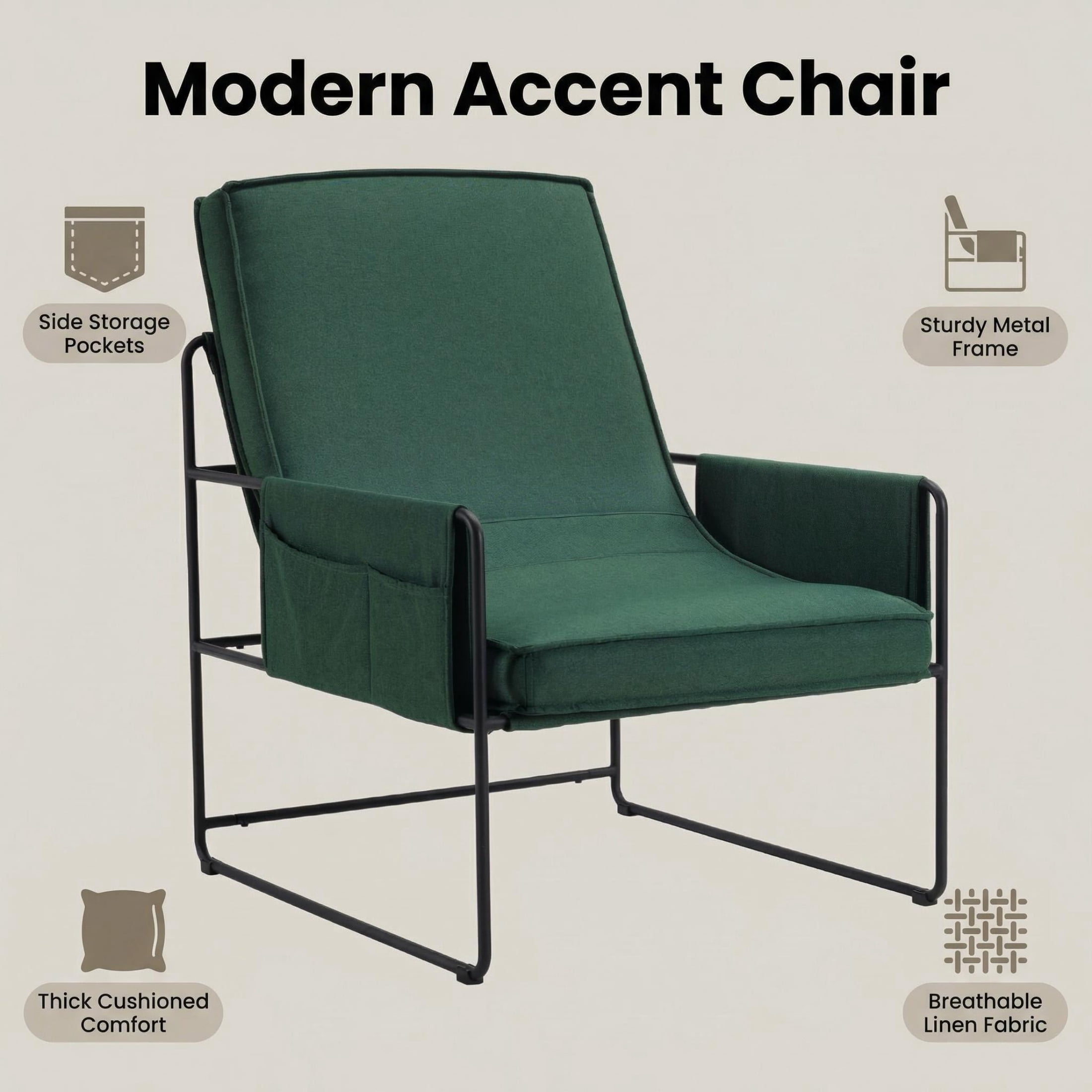 Vinform Sling Accent Chair, Modern Arm Chair with Removable Cushion, Metal Frame for Living Room, Green