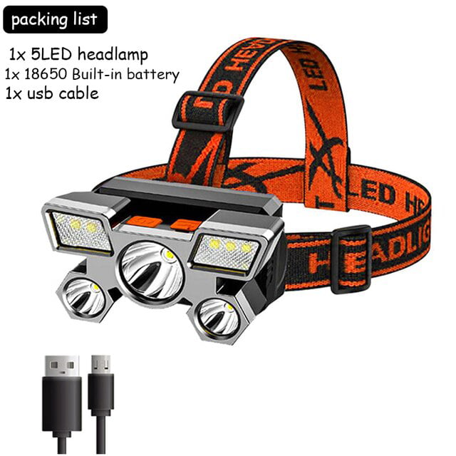 Usb Rechargeable Built-in Battery 5 Led Strong Headlight Super Bright Head-Mounted  Flashlight Outdoor Rechargeable Night Fishing 