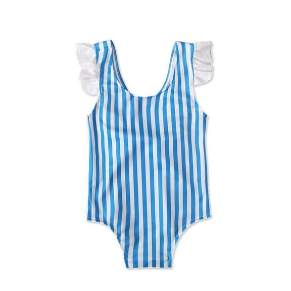 Fesfesfes Toddler Kids Baby Girls Swimsuit Ruffle Splicing One Piece Stripe Print Swimwear Skinny Bathingsuit Swimwear Monokini