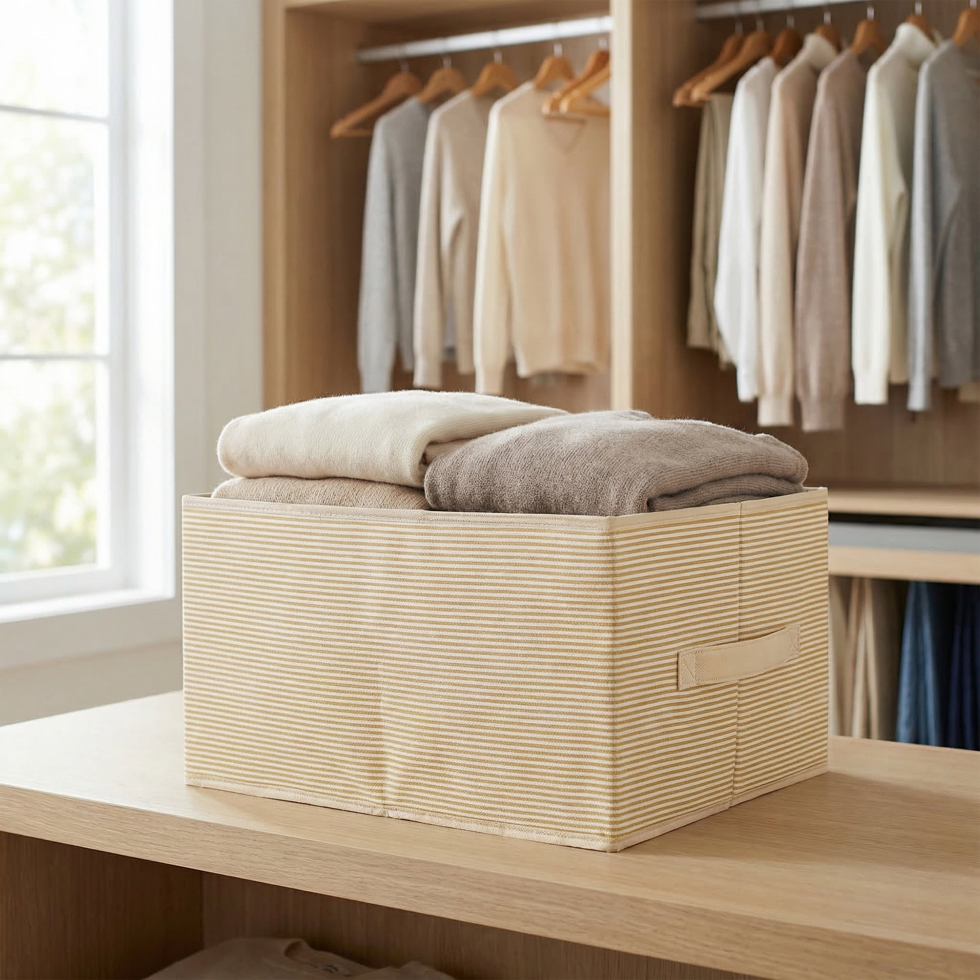Unique Bargains 3pcs Fabric Storage Bin with Stripe Beige 15.7*10.6*8.3in