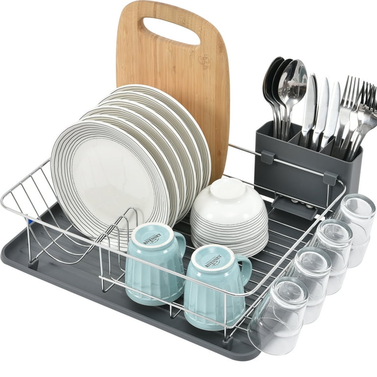Dish Drying Rack - Expandable Dish Racks - Large Stainless Steel Dish  Drainer for Kitchen Counter with Utensil Holder and Cup Holder, Grey