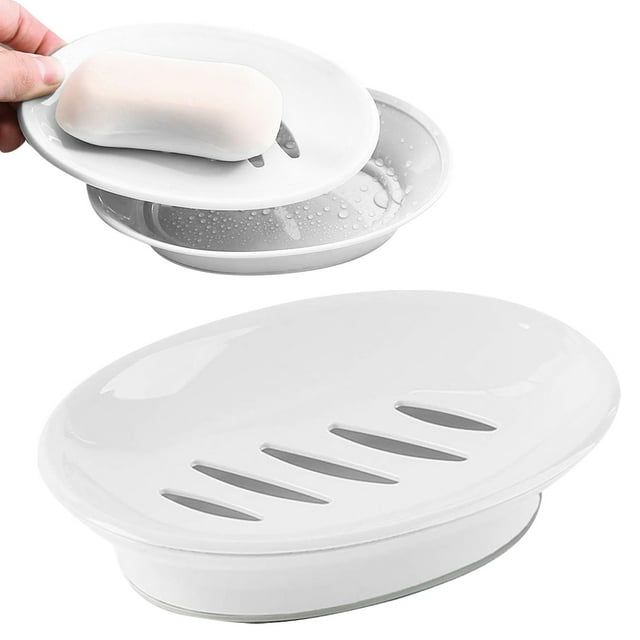 European-Style Oval Soap Dish, White, Soap Box with Plastic Sponge Rack Soap Storage Tray to Keep Dry Suitable for Shower Bathroom and Kitchen, a Soap Box
