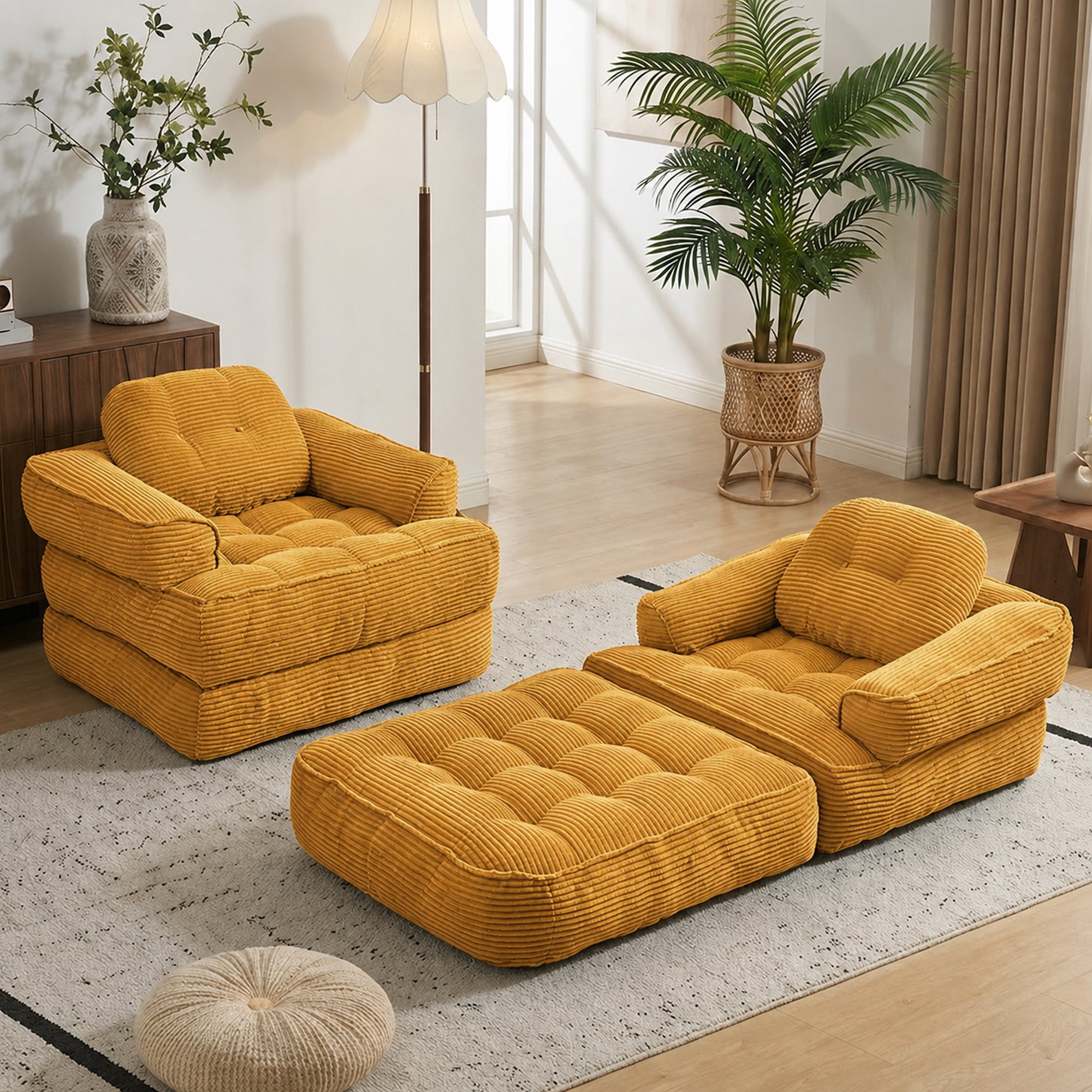 Leumius Folding Sofa Bed, Convertible Sofa Bed with Armrest, Corduroy Boneless Foldable Bed, 2-in-1 Portable Sofa Bed with Pillows for Bedroom, Living Room, Homestay, Game Room Orange
