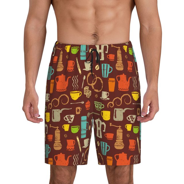Balery Retro Coffee Pantalones cortos de pijama de punto de algodón para hombre con cinturilla y bolsillos-X-Large