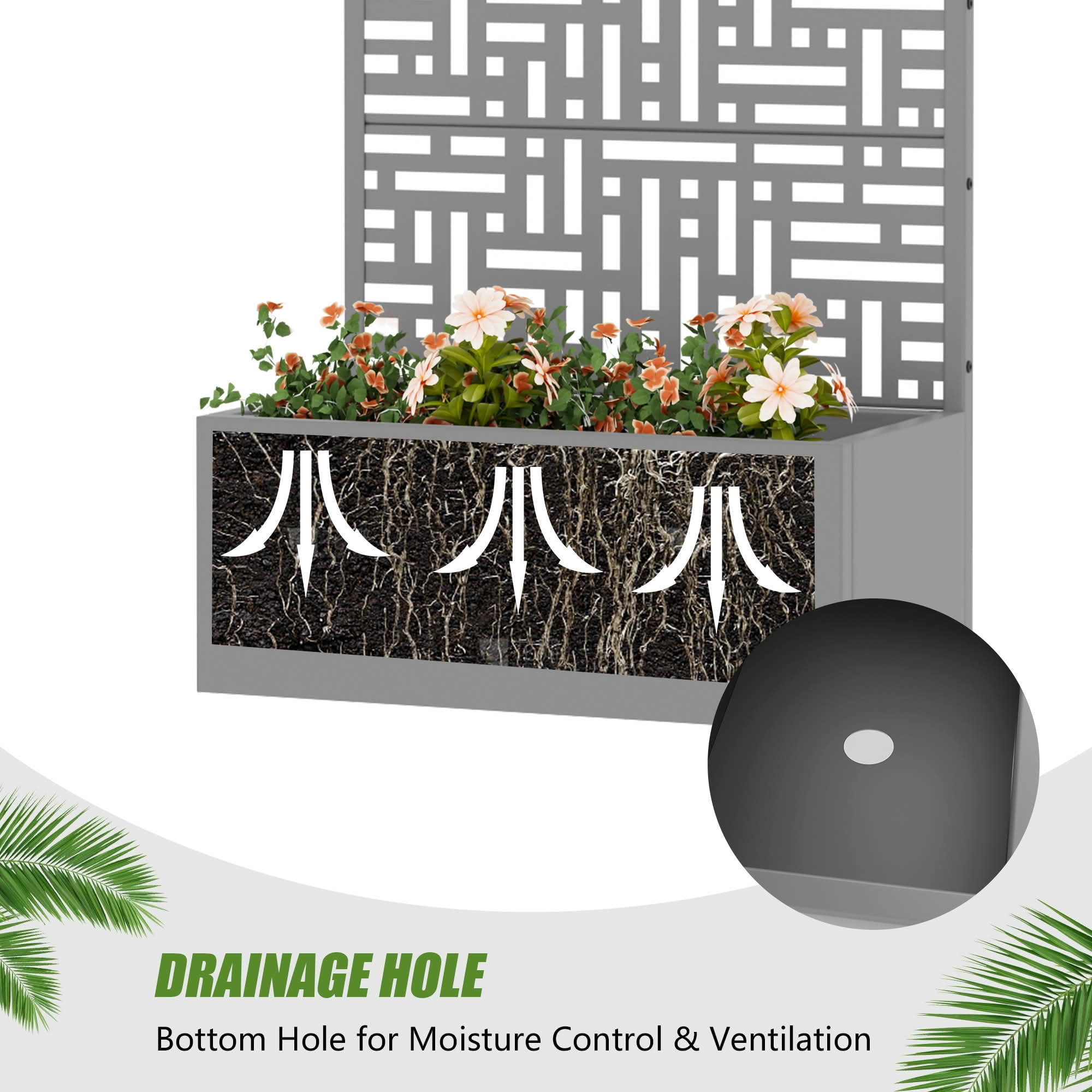 MAYEERTY 59X30" Metal Outdoor Gray Privacy Screen with Planter Box for Backyard & Garden, 4 Piece Set