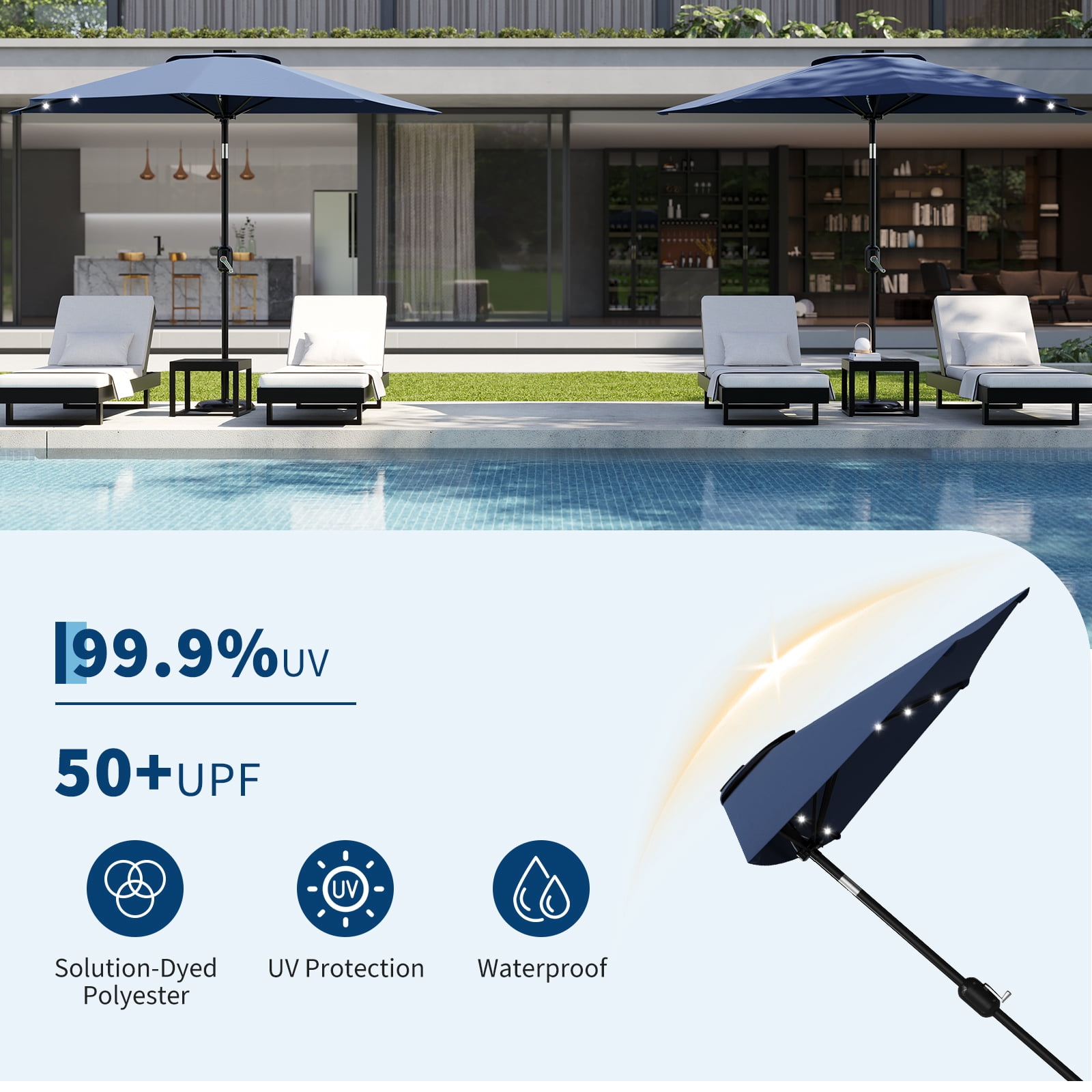 9FT Half Patio Umbrella with Lights – Durable Outdoor Shade Canopy, Smooth Crank Lift, UV Protection – For Patio, Garden, Deck, Balcony, Table