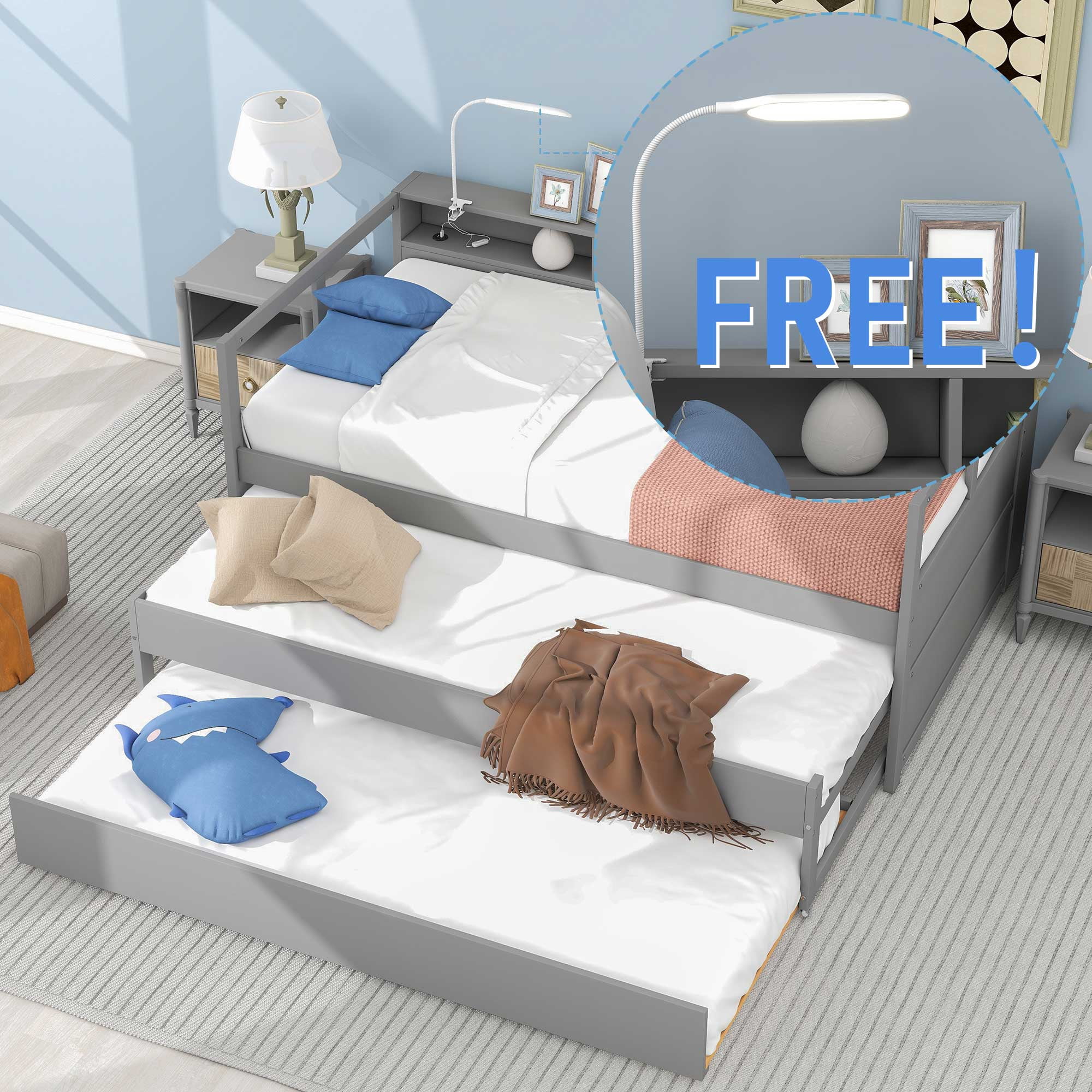 EUROCO Twin Size Platform Bed, Convertible Daybed with Light and USB Charging, 3 Beds in One, Gray