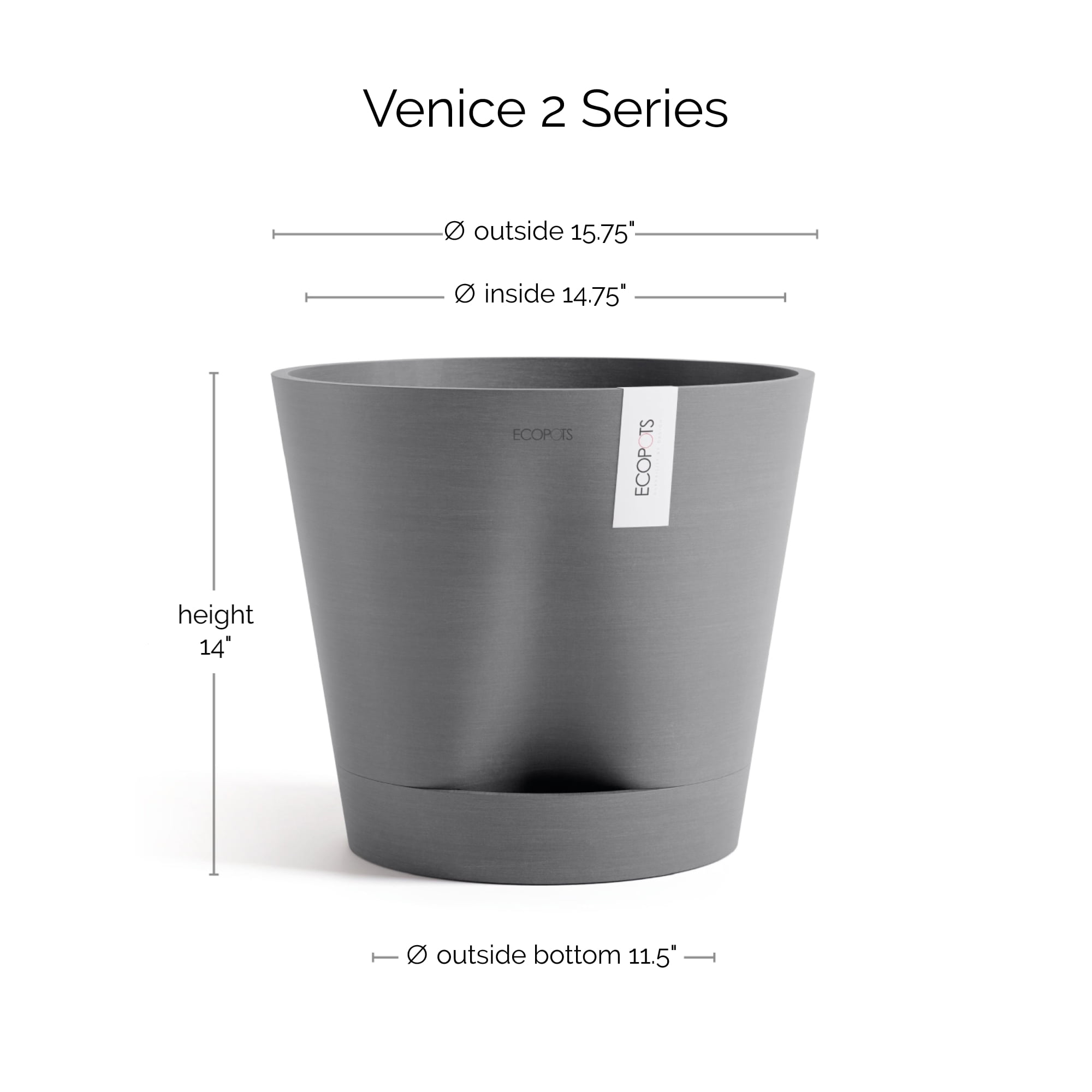Ecopots Venice 2 Durable Modern Round Indoor/Outdoor Recycled Based Composite Flower Pot Planter w/ Water Reservoir, Grey, 16"