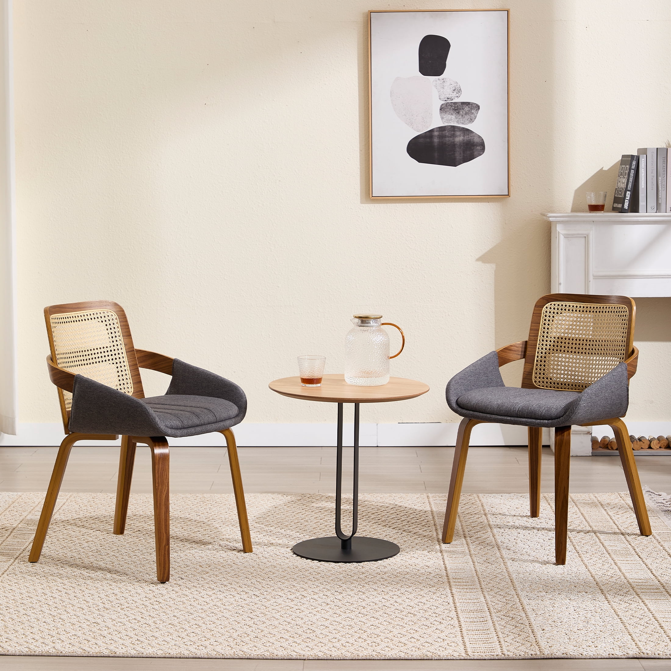 Guyou Modern Rattan Dining Chair Set of 2, Solid Wood Dining Side Chairs, Linen Upholstered Kitchen Chairs with Armrests for Kitchen Dining Room Living Room, Grey
