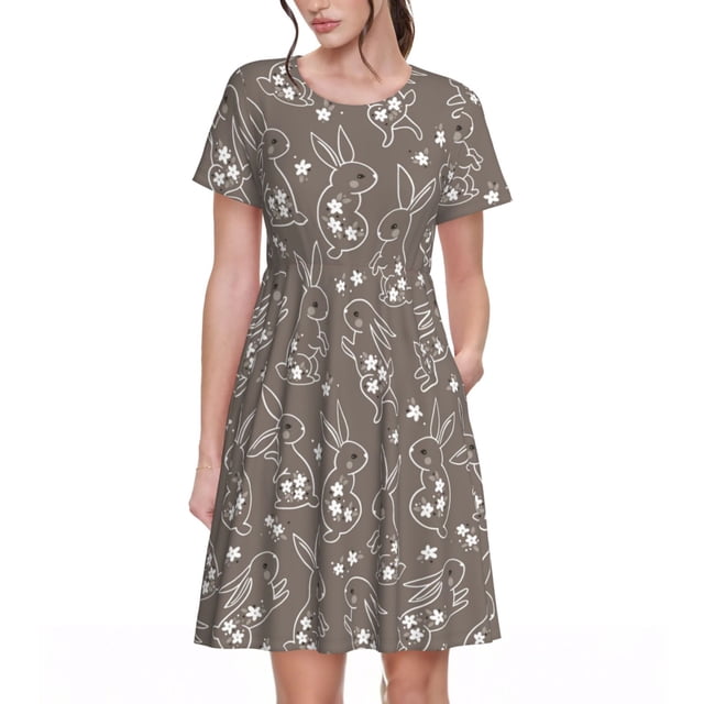 Disketp Retro Bunny para Vestido de Manga Corta para Mujeres, Vestidos de Verano para Mujeres, Casual y Holgado para la Playa