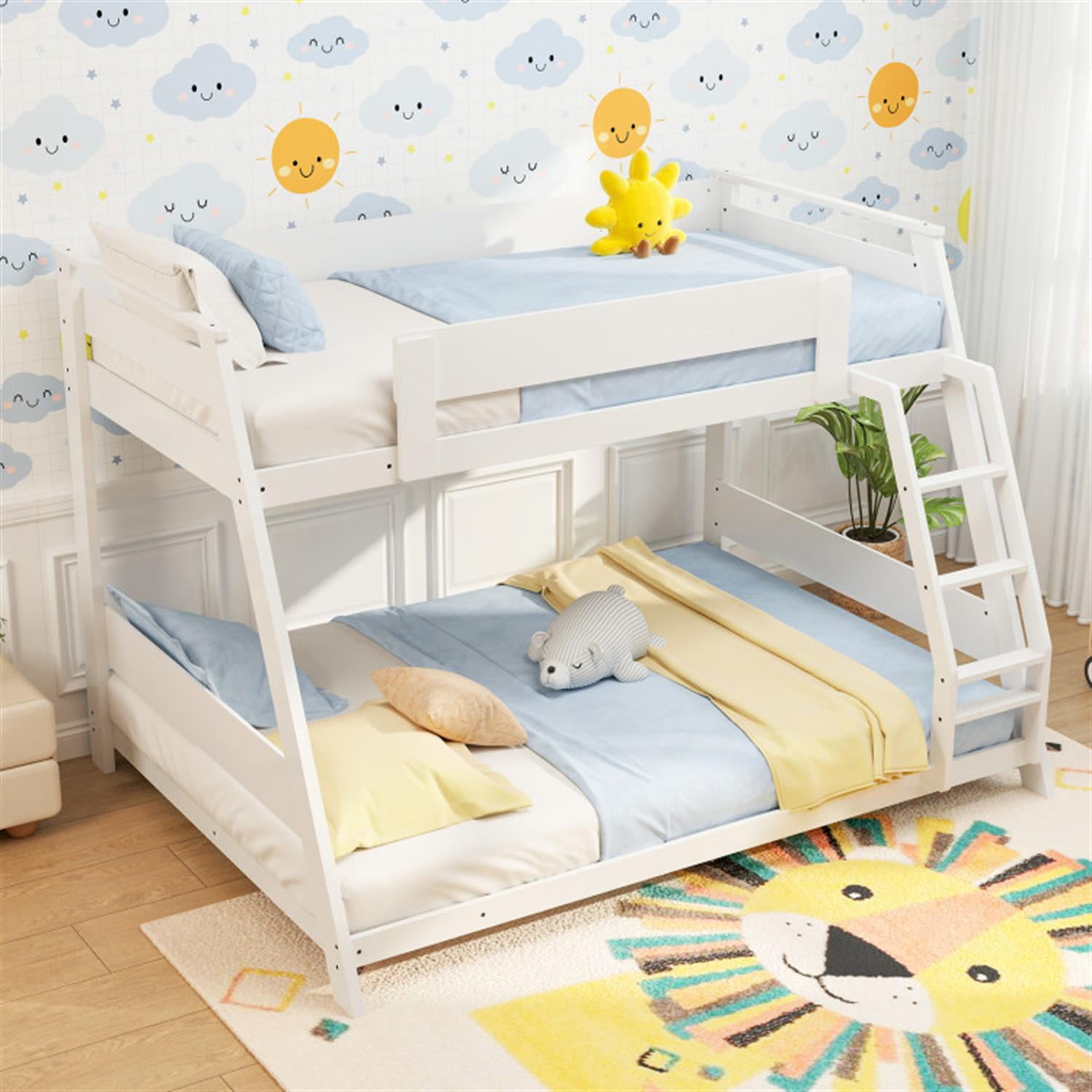 Demi Bonn Twin Over Full Low Bunk Bed with Reversible Ladder, Solid Wood Floor Bunkbeds Frame for Bedroom, No Box Spring Needed, White