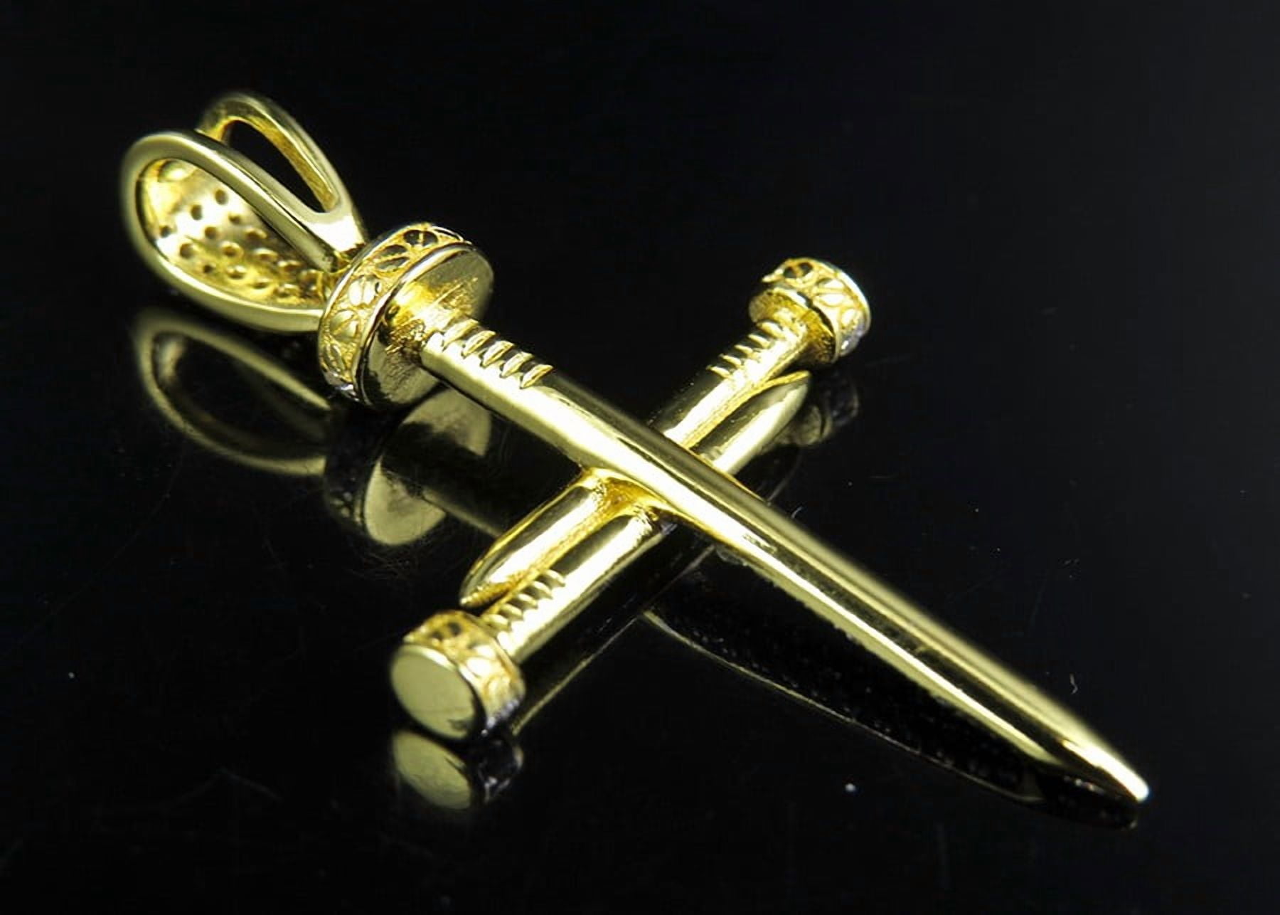 Yellow Gold Finish Sterling Silver Simulated Diamond Nail Cross Pendant 1.4 Inch