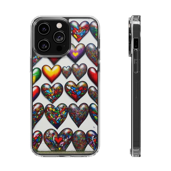 DistinctInk Clear Hybrid Case for Apple iPhone 12 Pro Max (6.7" Screen) - Vibrant Graffiti Hearts: A Colorful Display - Raised Bezel Screen Guard