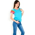 thumbnail image 3 of Women's Colorblock Knit Short Sleeve Top with Bold Striped Sleeves- Teal,Large, 3 of 7