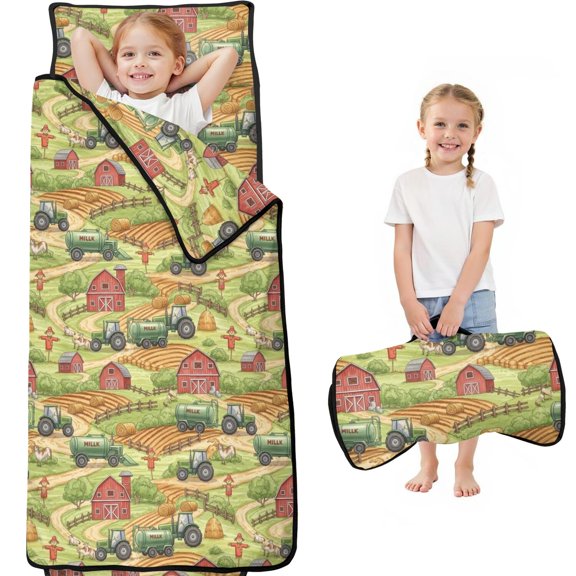 Tractor and Barns Green Pattern Teens Toddler Nap Mat with Pillow, Sleeping Mat Bag for Preschool Daycare 59"x22"