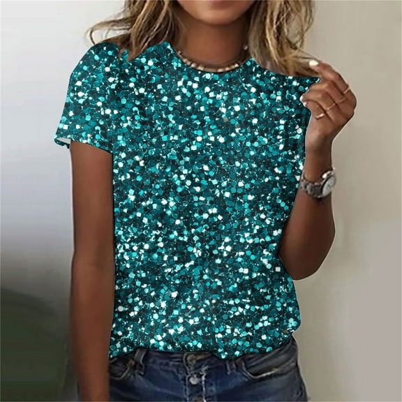 ALLLIST Women's Tops Crew Neck Short Sleeve Sequin T-Shirts Blue Plain Seamless Pullover Ladies Tops