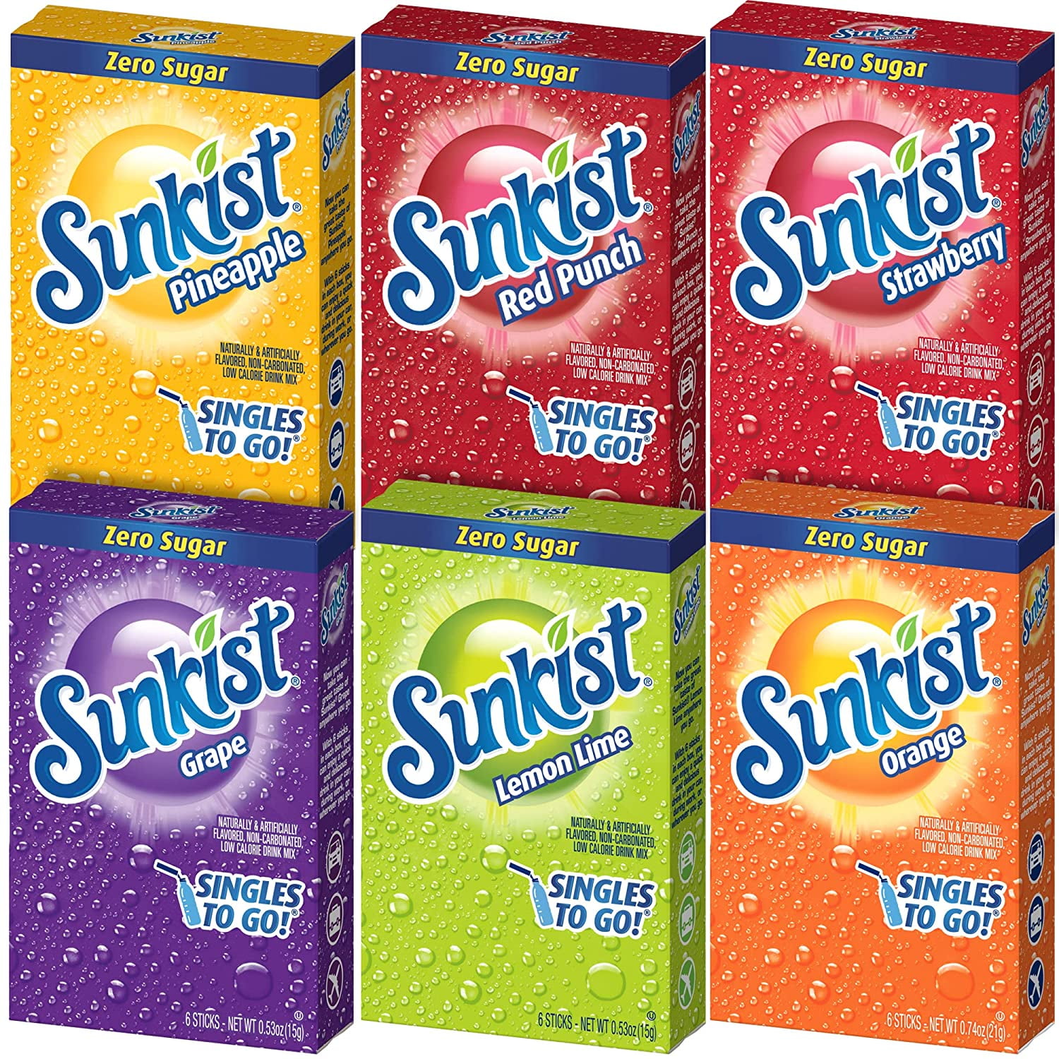 Sunkist Singles to Go Drink Mix Variety Pack, 1 Orange, 1 Grape, 1 Pineapple, 1 Lemon Lime, 1 Strawberry, 1 Red Punch, Box of 6