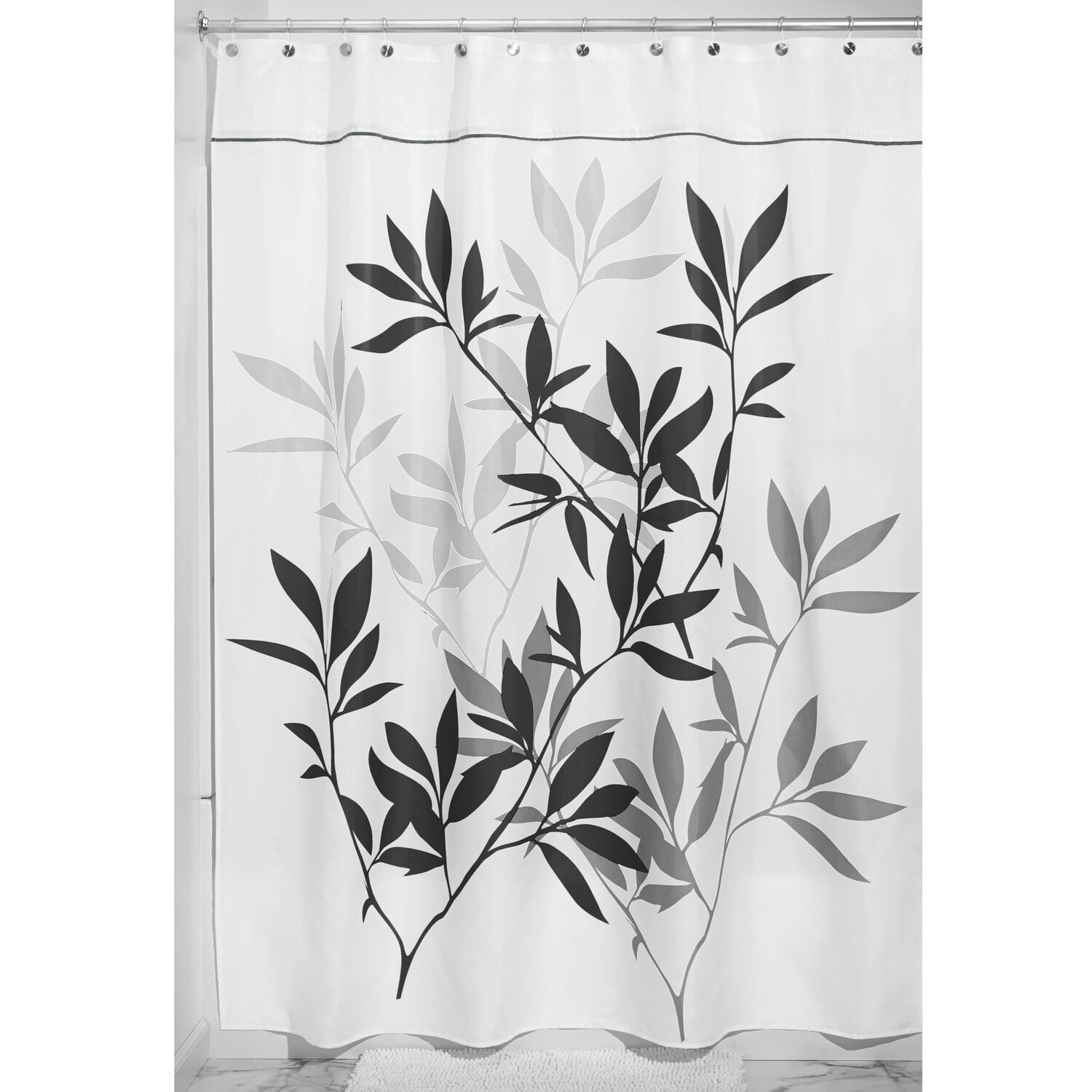 InterDesign Leaves Fabric Shower Curtain, Long 72" x 84", Black/Gray