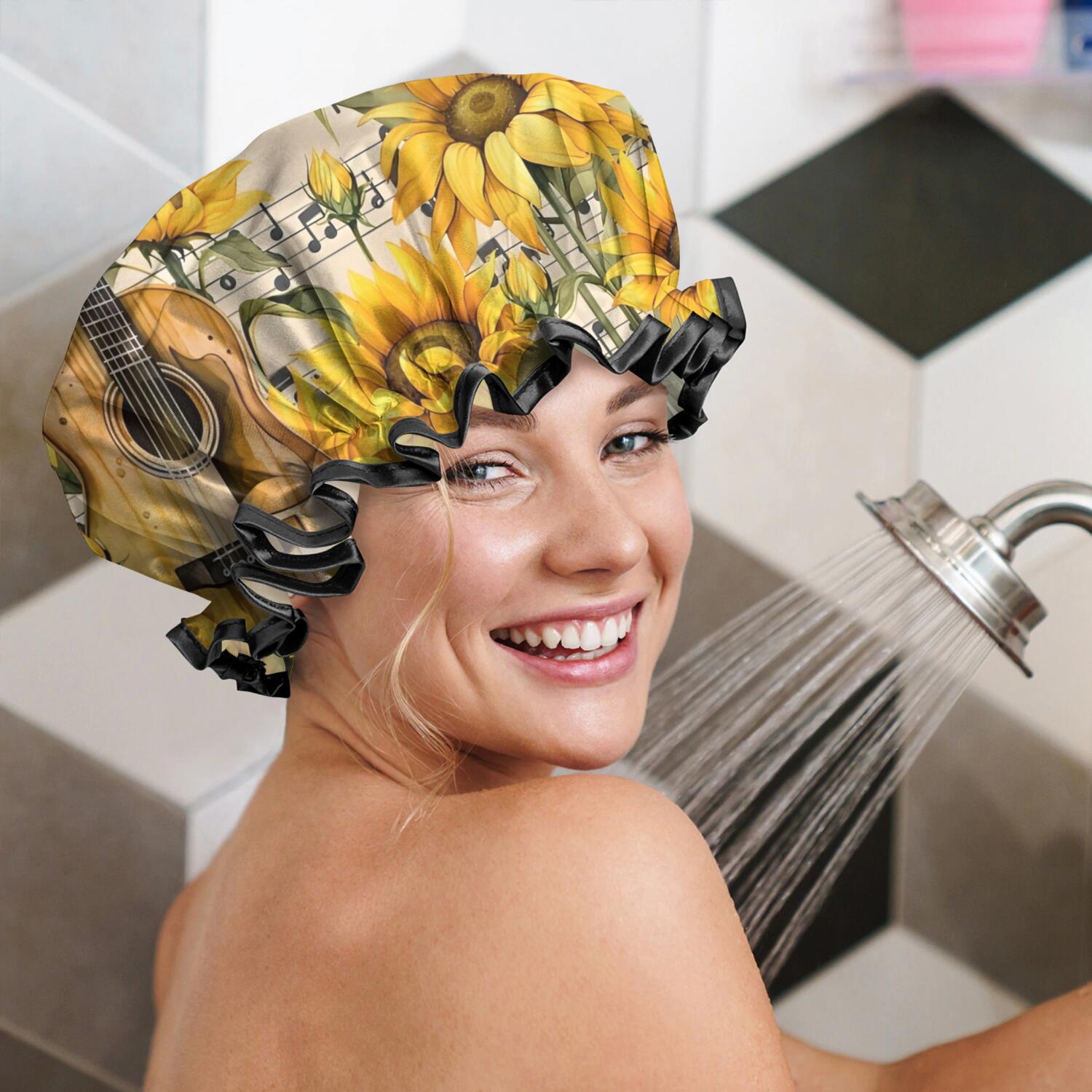 Shower Caps,Beige Music Sunflower Guitar Pattern Waterproof Shower Cap for Women 4 Pieces,Double Reusable Hair Cover for Shower PEVA Elastic Stretch Hem