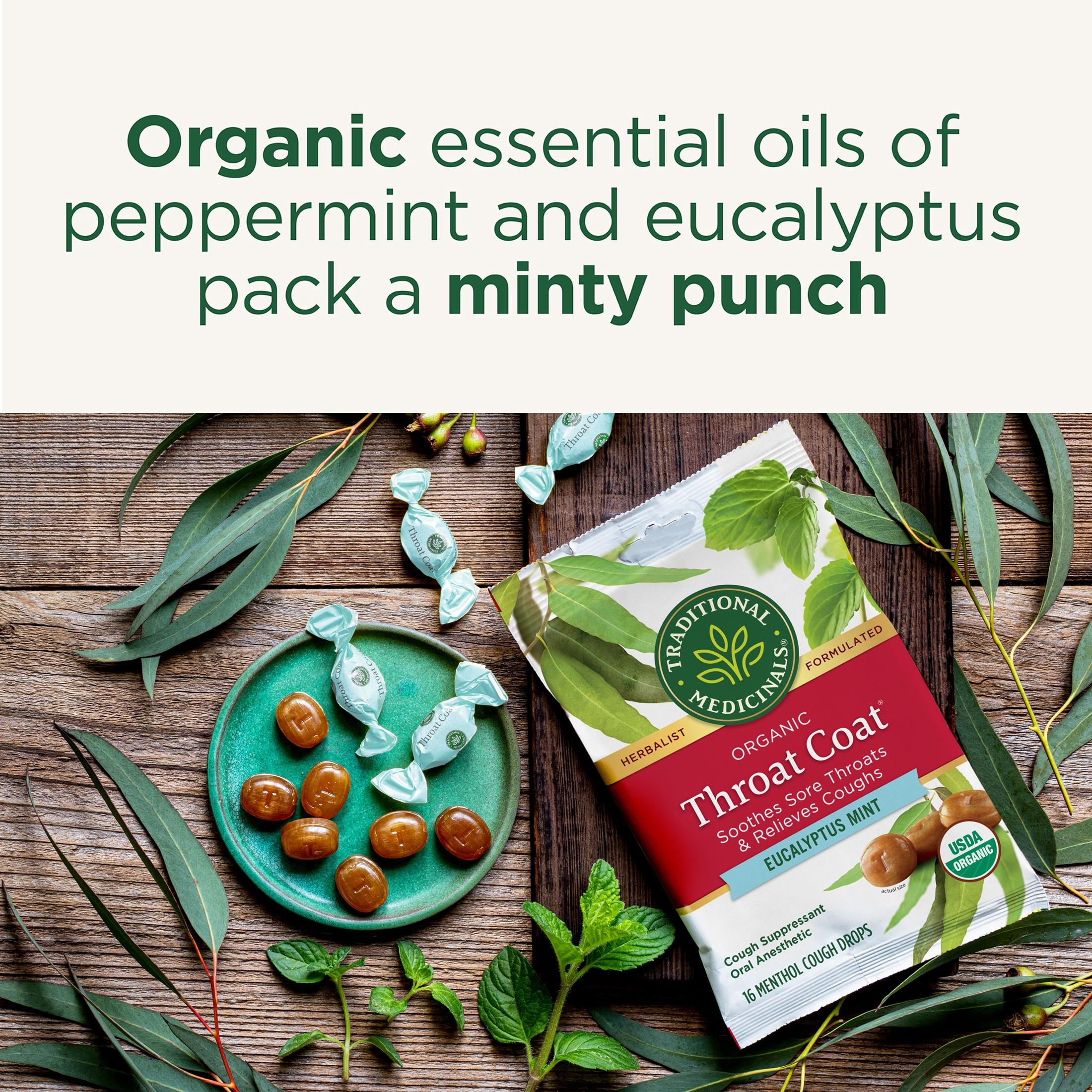 (3 pack) Traditional Medicinals Organic Eucalyptus Mint Throat Coat Cough Drops