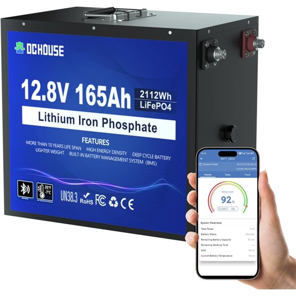 DC HOUSE 12V 165Ah LiFePO4 Lithium Battery, Bluetooth & Low Temp Protection, Safer Metal Shell, 12V Lithium Battery Up to 15000 Cycles, 120A BMS, Perfect for Trolling Motors, Marine, Boat, Solar