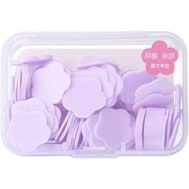 ZhangyiHot 100 hojas de papel de jabón de viaje portátiles de color morado con forma de flor, copos de jabón de papel desechables, lavado a mano, limpieza, lavado de manos, papel higiénico, hojas de j