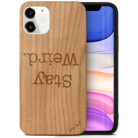 Case Yard Wooden Case Outside Soft TPU Silicone, Slim Fit Shockproof Wood Protective Phone Cover for Girls Boys Men and Women, Supports Wireless Charging Stay Weird Design case for iPhone-12-Mini