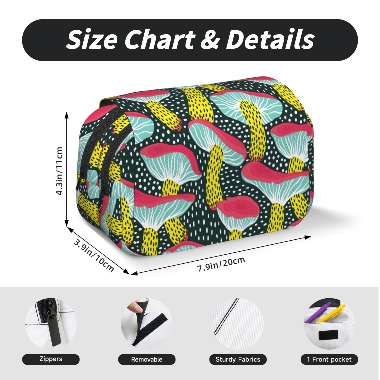 Rateoe Green Mushroom Pattern Double Clamshell Pen Case, Storage Organizer with Two Zipper Compartments– Holds Up to 50 Pencils & Pens