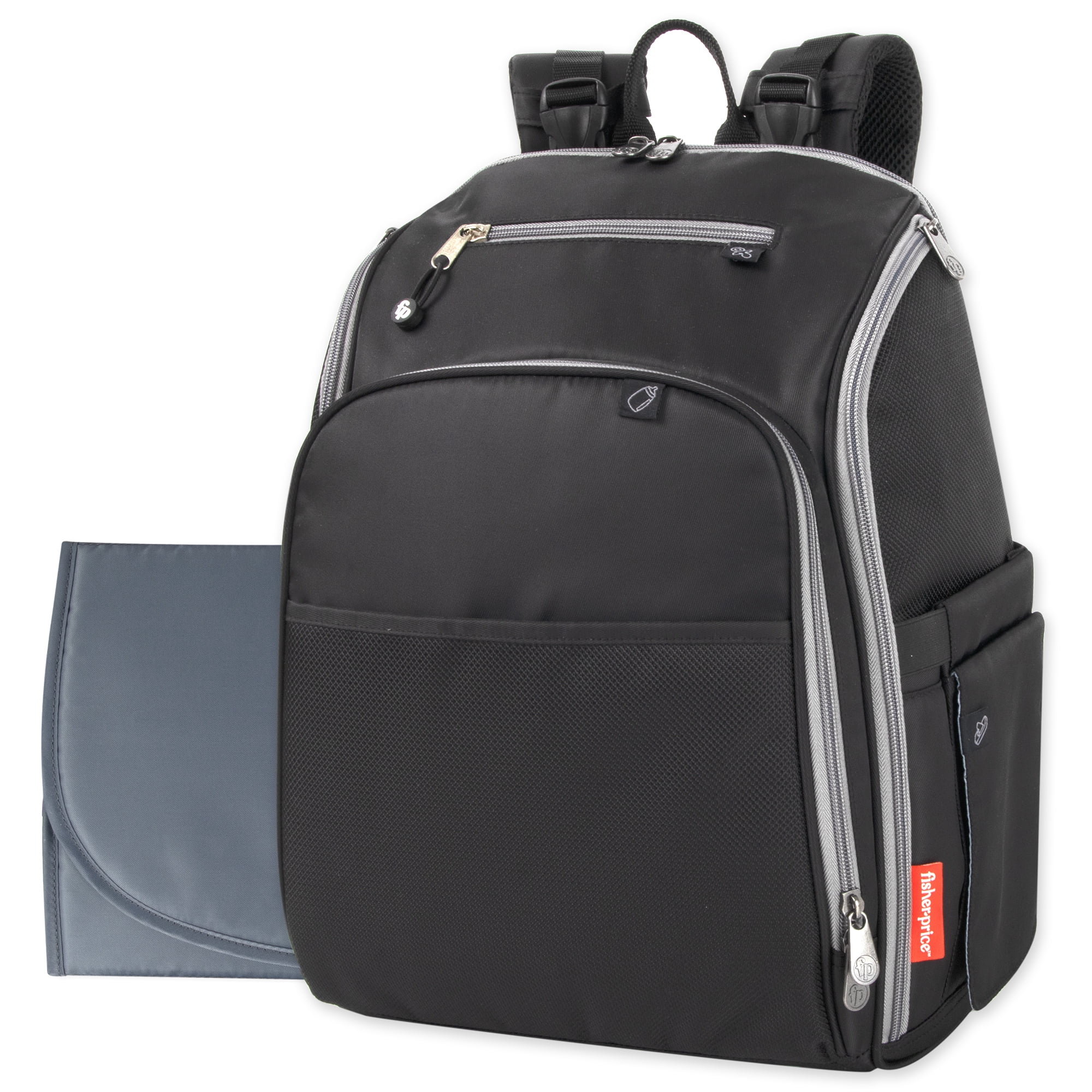 Fisher-Price Large Multi-Pocket Multifunction Kaden Baby Diaper Bag Backpack for Infant Boys & Girls with Insulated Bottle Pocket, Changing Pad, Wipes Dispenser in Unisex Black