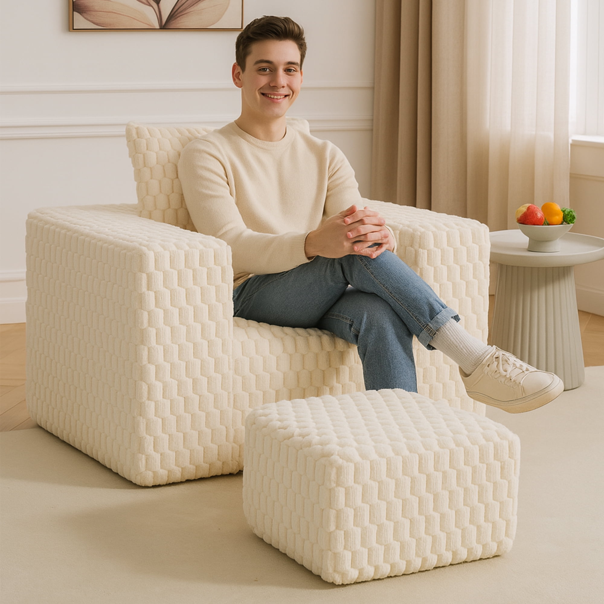 Demi Bonn 42" Corduroy Sofa Couches, Sofa Memory Foam Couches for Living Room, Cloud Couch with Ottoman, Beige