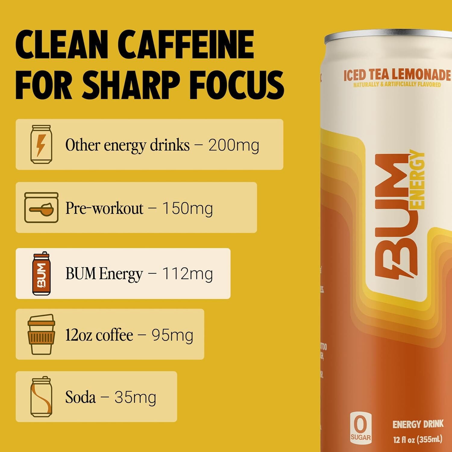 BUM Energy Iced Tea Lemonade Energy Drink, Zero Sugar, 112mg Natural Caffeine, Crash Free Focus, 12 fl oz Can