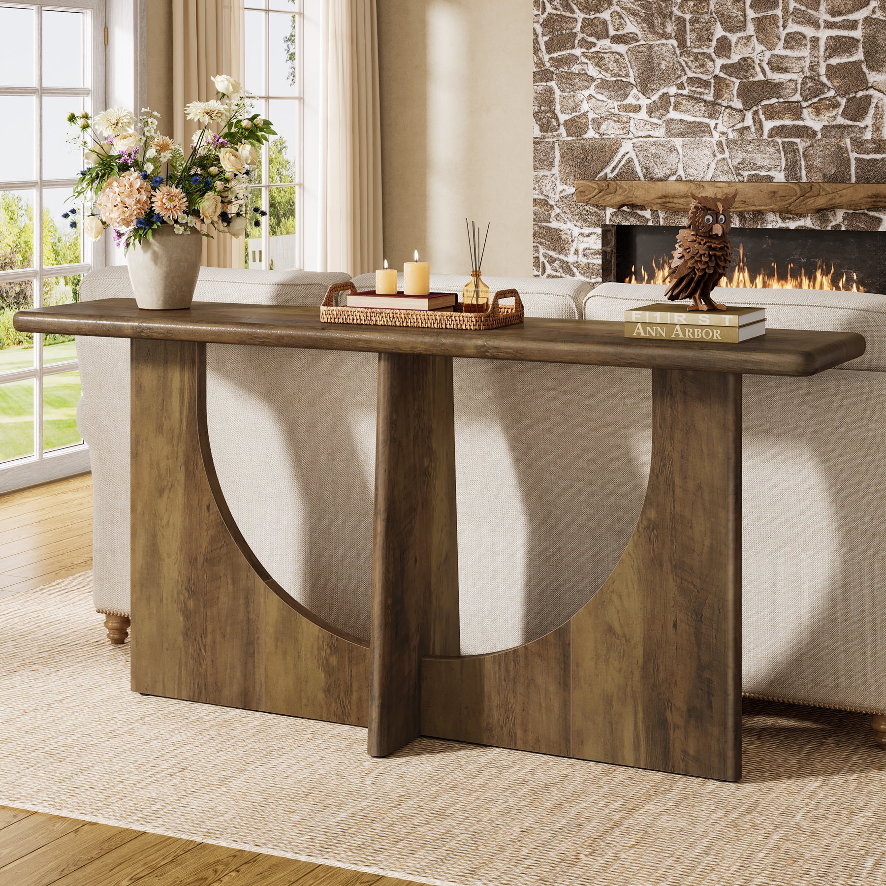 Finmind 71-inch Console Table for Entryway, Farmhouse Entryway Table with Sturdy Geometric Frame and Rounded Corner, Rustic Brown