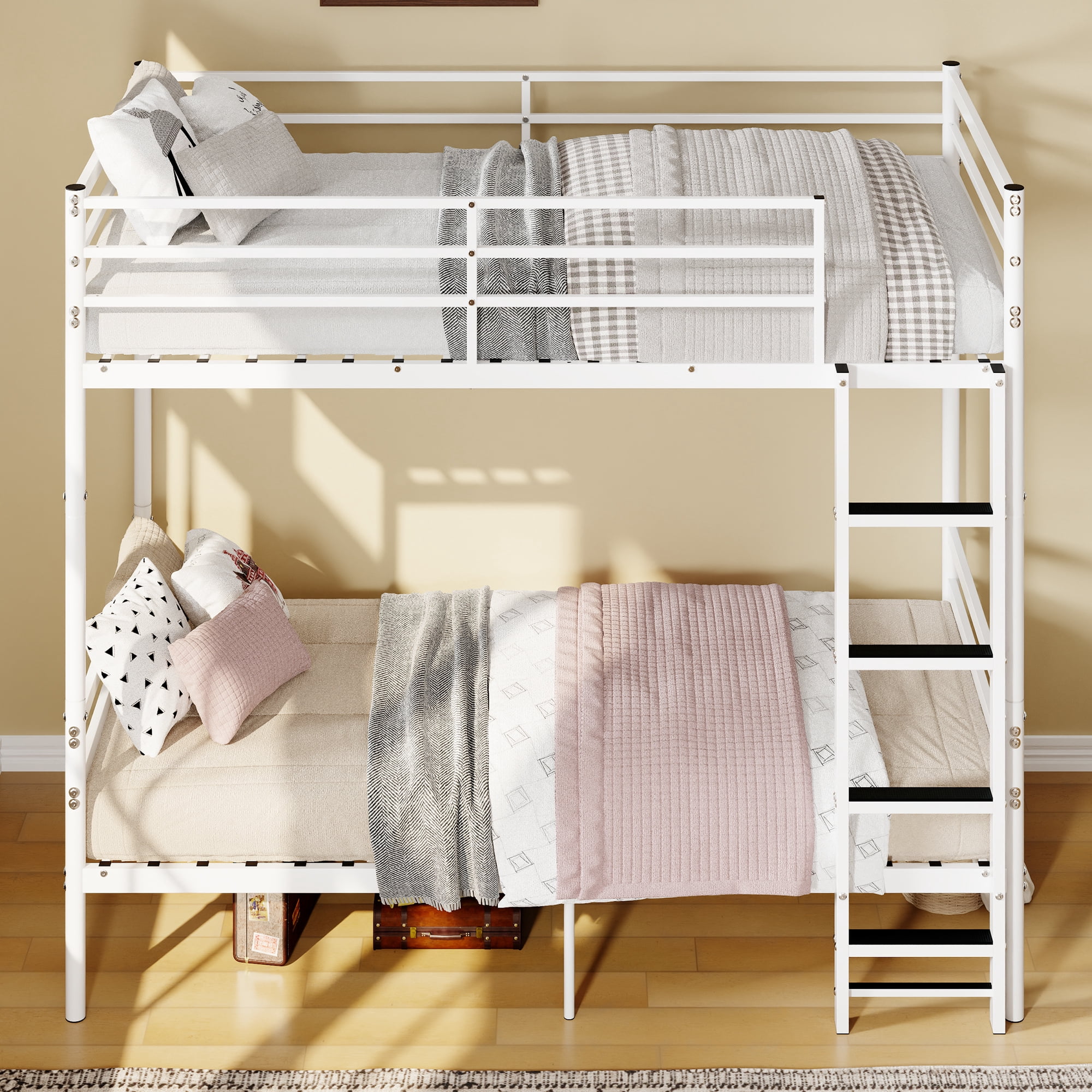 Leumius Metal Bunk Bed Twin Over Twin with Safety Guardraild & Ladder,Sturdy and Durable,No Spring Mattress Required,White