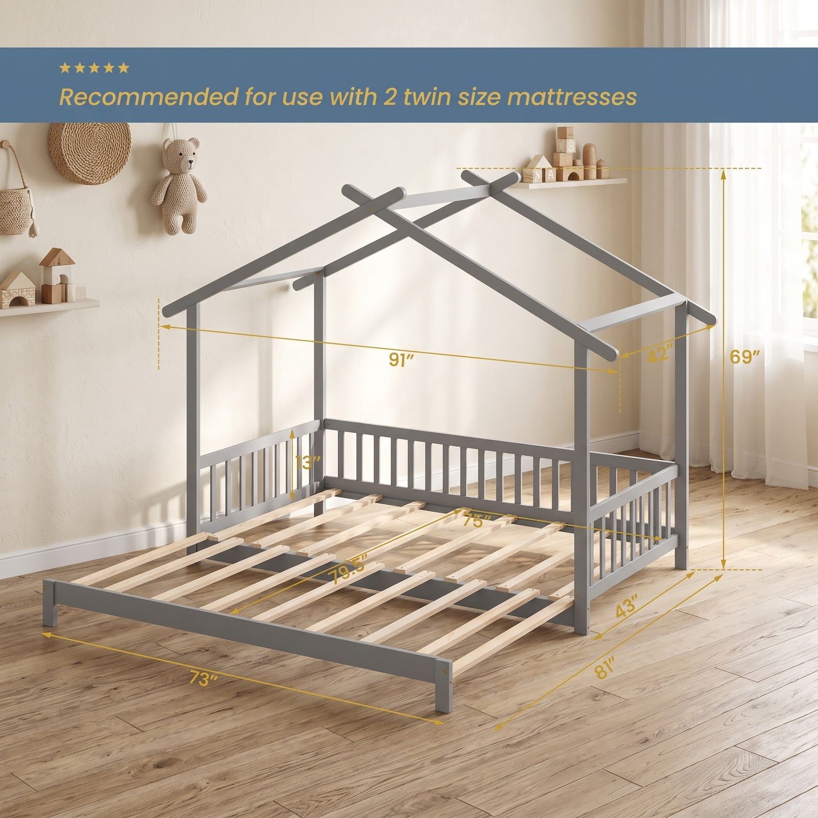 Furnibear Extendable House Bed Twin to King Size Daybed with Roof Frame and Fence Rails for Kids and Shared Bedroom, Gray
