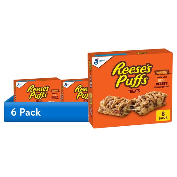 (6 pack) REESE'S Puffs Cereal Treat Bars, Peanut Butter and Cocoa, Snack Bars, 8 Count, 6.8 oz
