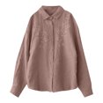 thumbnail image 4 of Mingw Women's and Ladies' Cotton and Linen Fashionable Shirts Linen Top Embroidered Lapel Button Down Long Sleeved Blouses,Pink,M, 4 of 5
