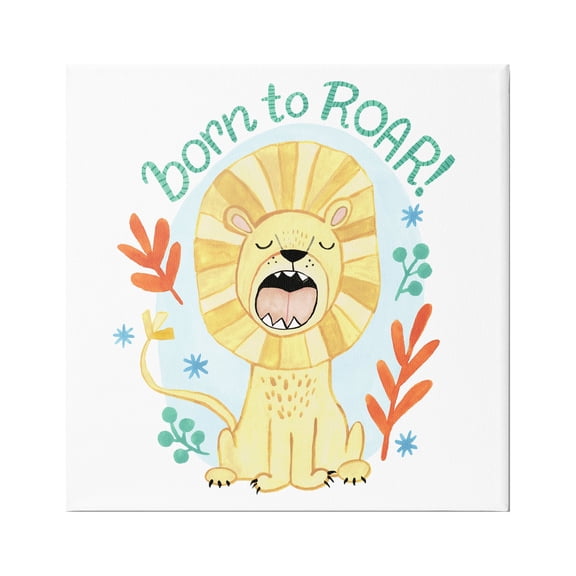 Stupell Industries Born To Roar Saying Yellow Lion Simple Botanicals Kids Painting Gallery-Wrapped Canvas Print Wall Art, 36 x 36, Design by Heather Strianese