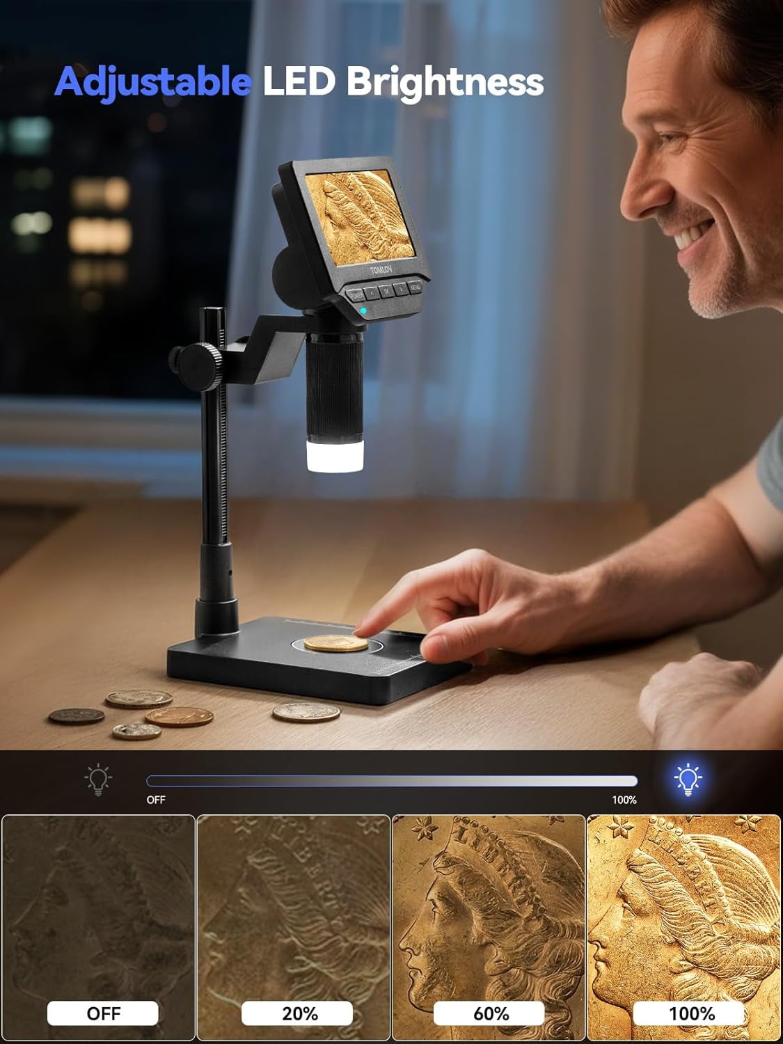 TOMLOV DM4W Microscope with Weighing Scale: 4.3" Digital Coin Microscope with Screen, Error Coin Magnifier with Lights, Weight Scale for Collectors, Jeweler, Students, Compatible with Windows/Mac