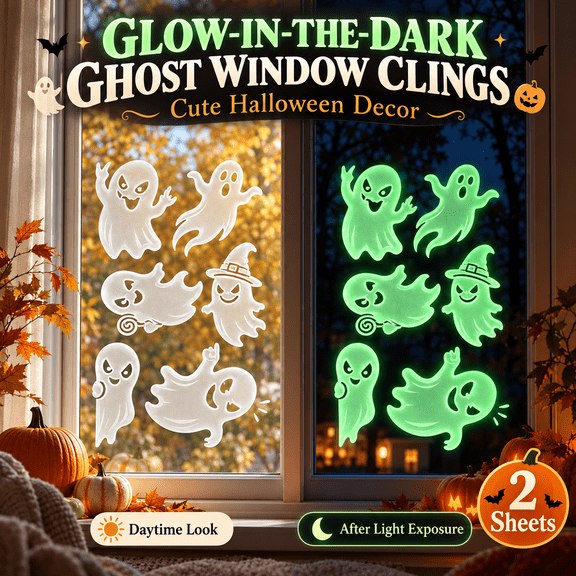Glow-in-The-Dark Halloween Window Clings, Glass Construction, LED Lighted Design, Soft-Touch Texture, Seasonal Home Decoration for Mantel, Shelf, Tabletop and Party Display, Ambient Light Accent