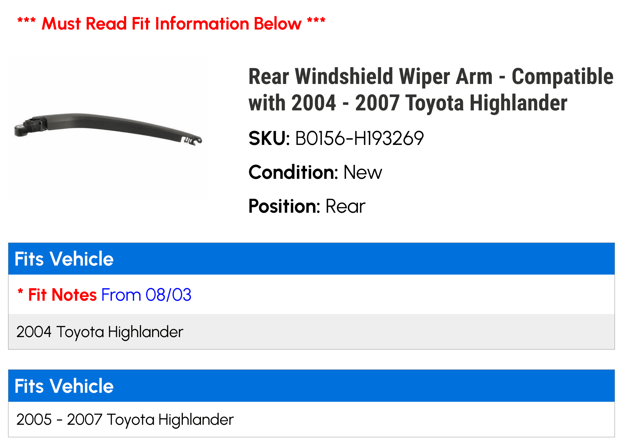 AUXITO Rear Windshield Wiper Arm & Blade Set – Fits 2001-2007 Toyota Highlander