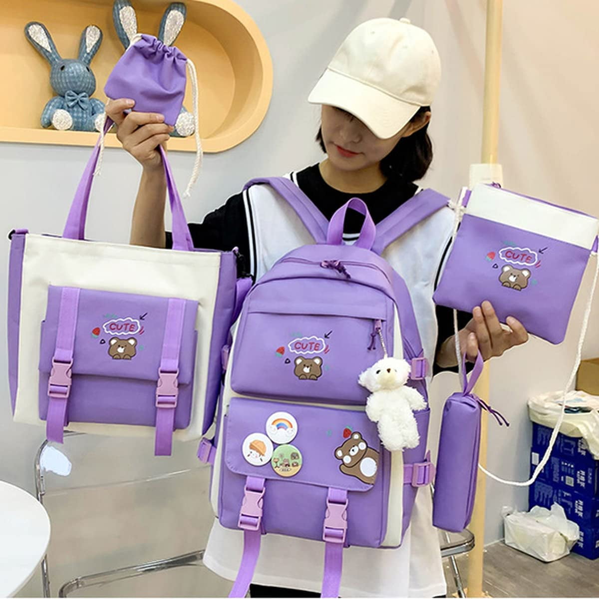 5Pcs Kawaii Cute Backpacks Combo Set with Bear Pendant & Pins - Back To School Supplies Japanese Anime Student Daypack Bag Kit with Tote