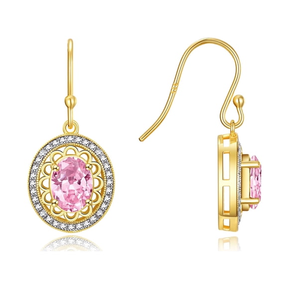 Rylos 14K Yellow Gold Princess Diana Inspired Earrings - 8X6MM Oval Pink Ice & Sparkling Diamonds - Exquisite Birthstone Jewelry