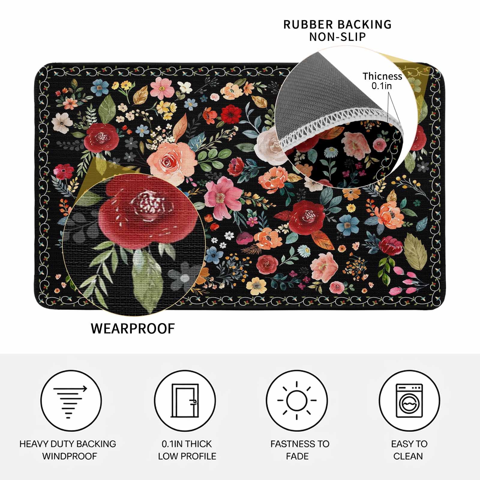 Watercolor Flowers Doormat Outdoor Entrance 18"x30", Farmhouse Floral Vintage Black Absorb Moisture Dirt Door Mats, Non-Slip Rubber Backing Floor Mats Indoor, Low-Profile Front Door Rugs